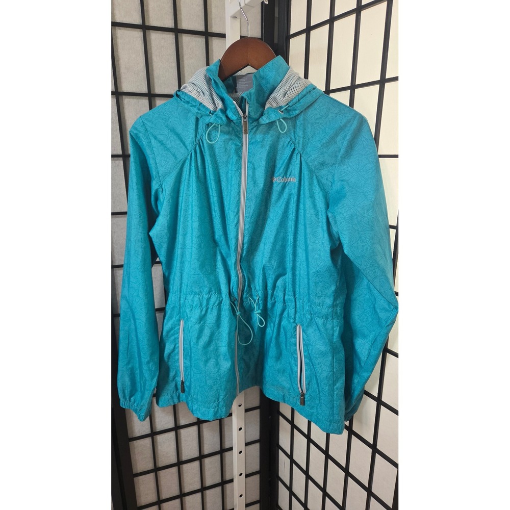 Columbia Granola Gorpcore Teal Geometric Print Hooded Windbreaker Jacket Women M